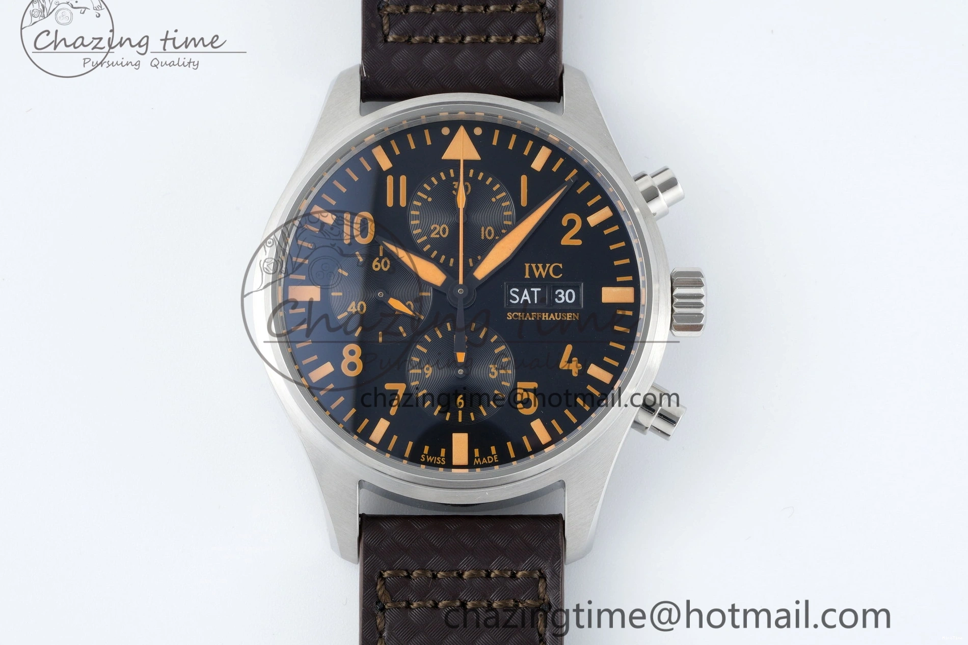 MIROTIME 0126 Pilot Chrono SS AZF 1:1 Best Edition Black Dial Orange Markers on Brown Leather Strap A EasyCare 7065